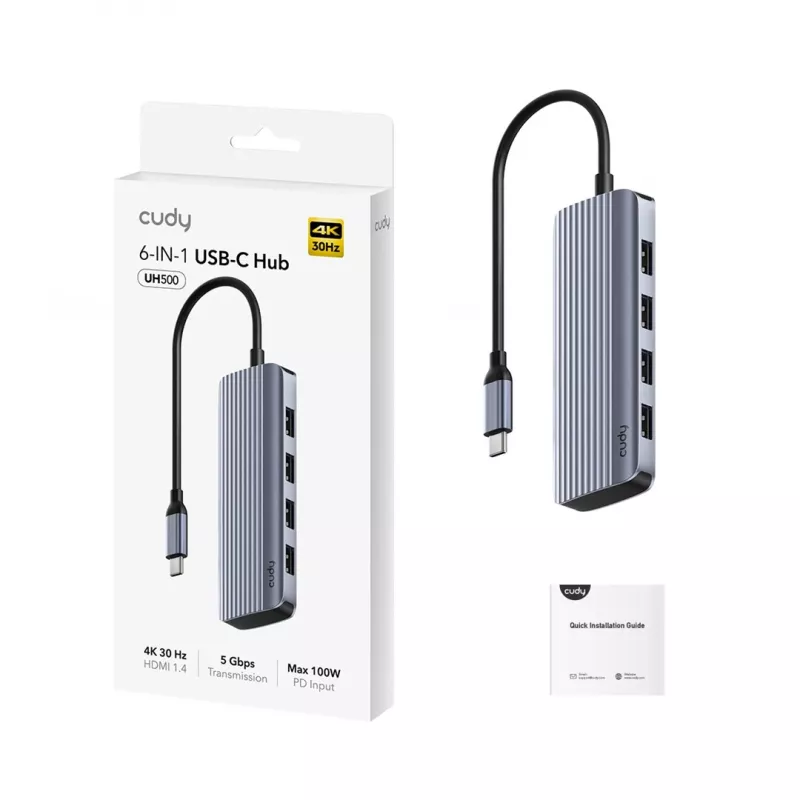 Hub USB-C Cudy UH500 — host USB 3.2 Gen 1 Type-C, 6 porte con USB 3.2 Gen 1 Type-A e HDMI, 5000 Mbit/s, grigio/argento
