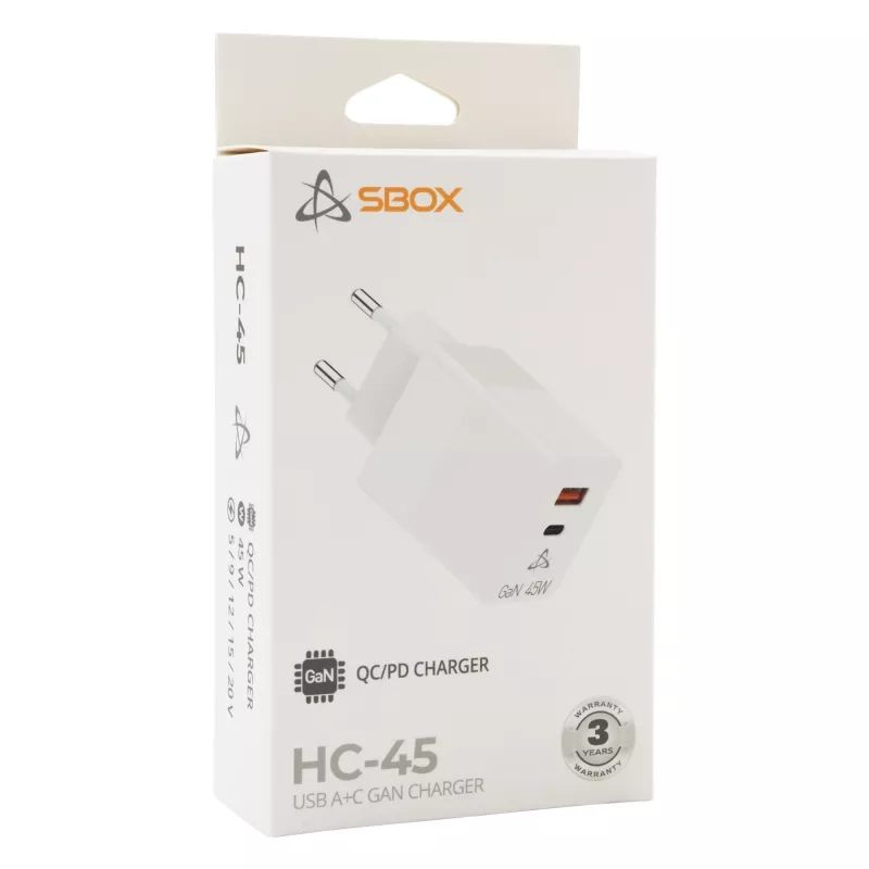 SBOX Home Charger HC-45 45W GaN caricabatterie da parete dual-input