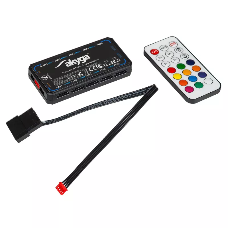 Akyga AK-CA-73 controller per ventole RGB con telecomando, 12 connessioni (10 ventole + 2 strisce LED), alimentazione Molex