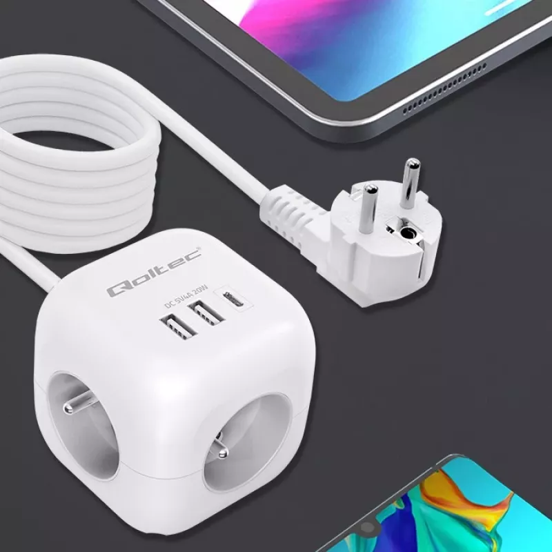 Power Cube QOLTEC 52547 ciabatta 3×prese AC, 2×USB-A, 1×USB-C PD 20W