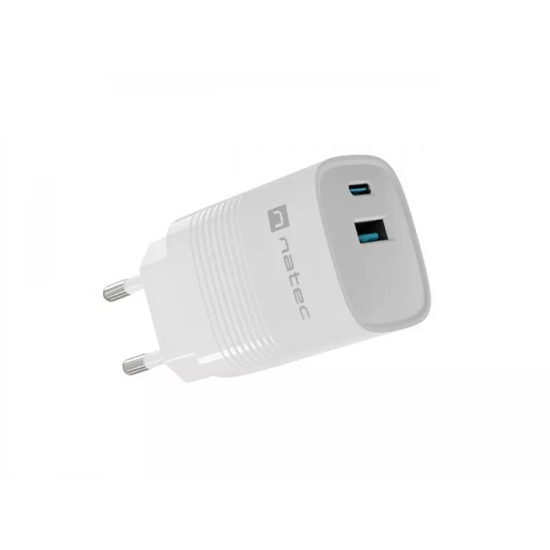 Caricabatterie con filo per dispositivi mobili NATEC NUC-2140, 30W, USB-C PD 3.0 + USB-A, Samsung AFC, bianco