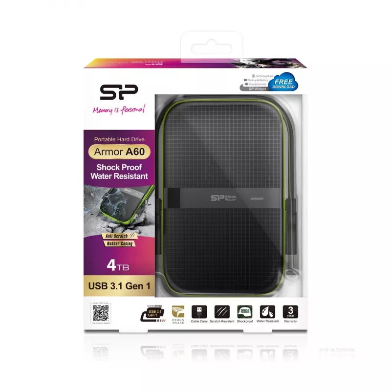 SILICON POWER Armor A60 - Disco rigido - 4TB - esterno (portatile) - 2.5 (6,4 cm) - USB3.0 - nero (SP040TBPHDA60S3K)