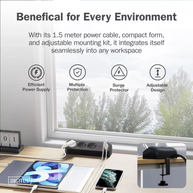 Ciabatta multipla DIGITUS 3 prese con 2×USB-A & 1×USB-C, 3 prese AC Tipo E/F, cavo 1,5 m, nero