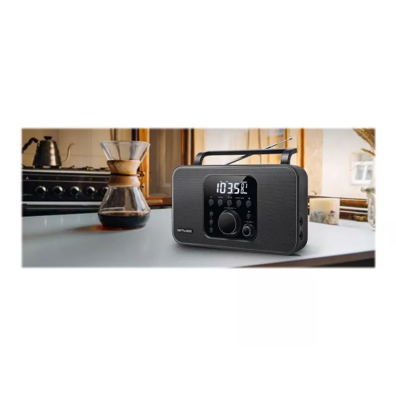 Muse M-091R radio portatile, FM/AM, display LCD, sveglia, ingresso AUX, alimentazione a rete/batteria, nera