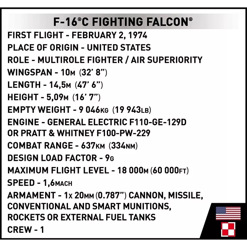 Set da costruzione Cobi F-16C Fighting Falcon – 463 pezzi, kit modello in scala