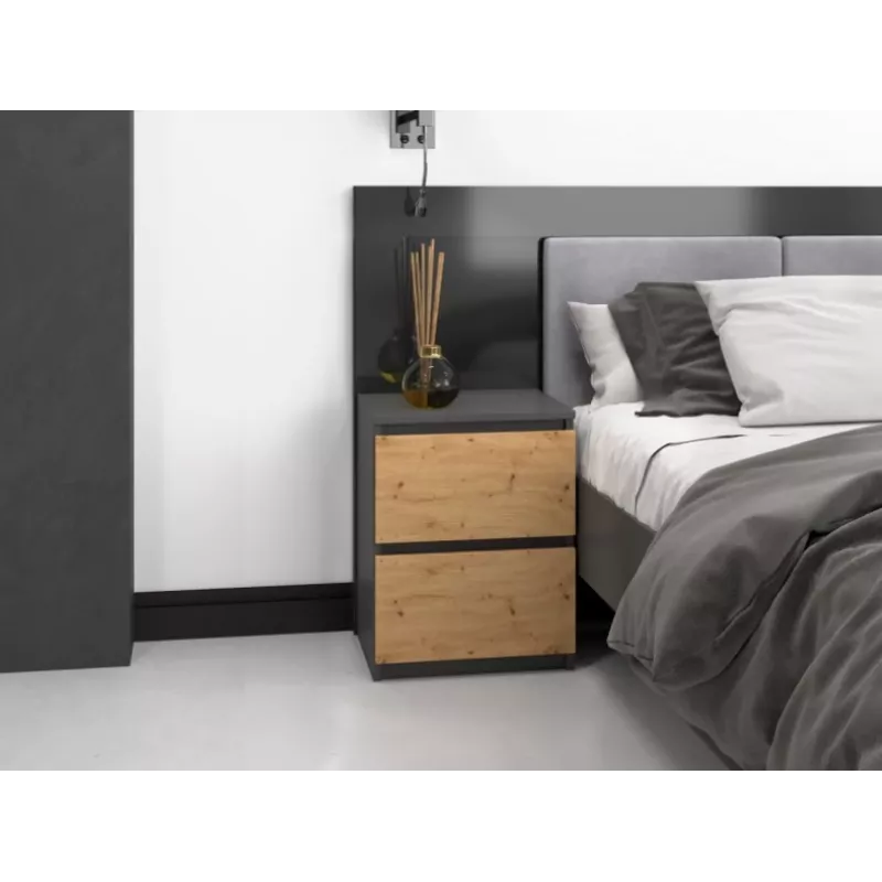 Topeshop W2 ANTRACYT/ARTISAN comodino 2 cassetti antracite, rovere