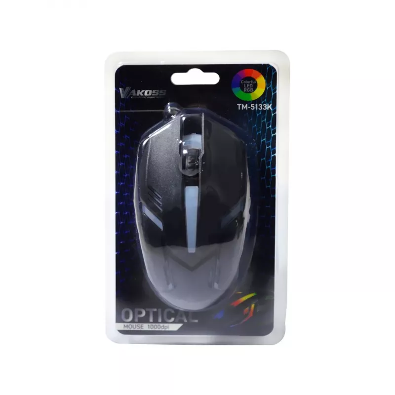 Mouse da gaming con filo VAKOSS TM-5133K, ottico 1000 DPI, 3 tasti, USB, nero