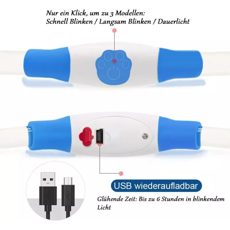 Collare LED KABB blu per cani e gatti – ricaricabile, collare di sicurezza regolabile con illuminazione