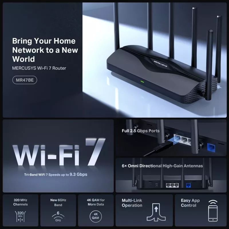 Router da tavolo MERCUSYS MR47BE — tri-band Wi-Fi 7 (2,4/5/6 GHz), 9300 Mbit/s, 3× RJ-45, 2,5GbE, 6 antenne esterne