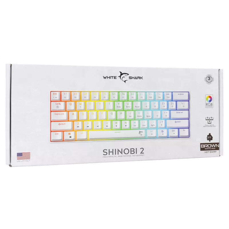 Tastiera meccanica White Shark Shinobi-2 Brown Switch layout US — design compatto, switch Brown