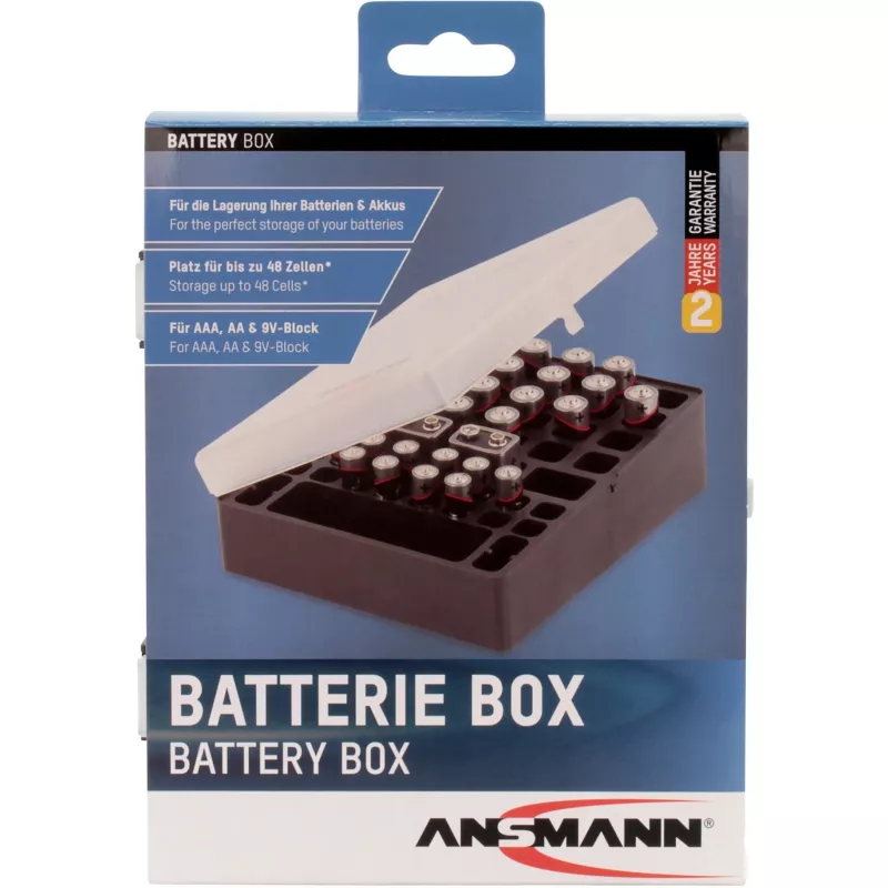 Ansmann Battery Box 48 Box per batterie per 24x AA, 16x AAA e 4x 9V, Nero/Trasparente