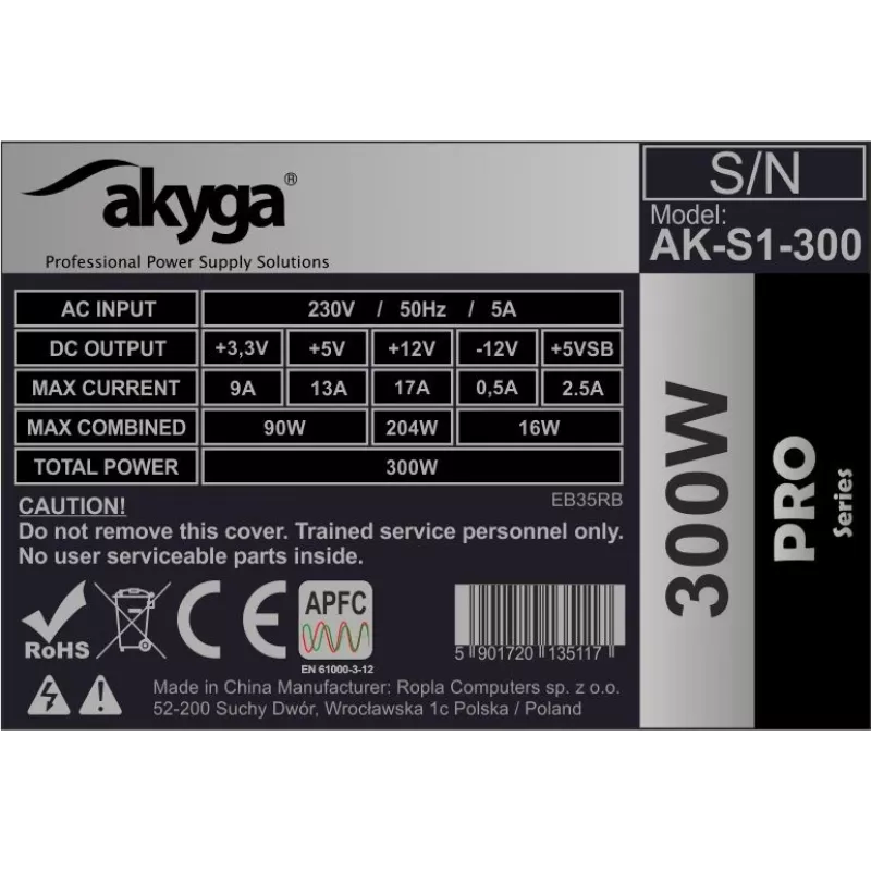 Akyga AK-S1-300 Alimentatore SFX da 300 W, PFC passivo, ventola da 80 mm, nero