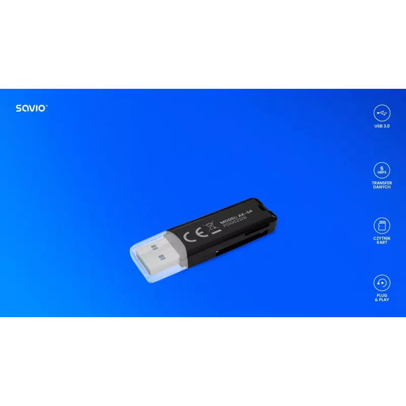Lettore di schede SAVIO AK-64 USB 3.2 Gen 1 uscita Type-A, slot MicroSD, 5000 Mbit/s, nero
