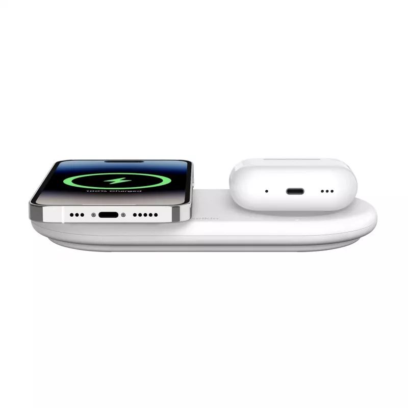 Belkin WIZ021VFWH - base di ricarica wireless 2-in-1 con tecnologia Qi2 15 W, bianco