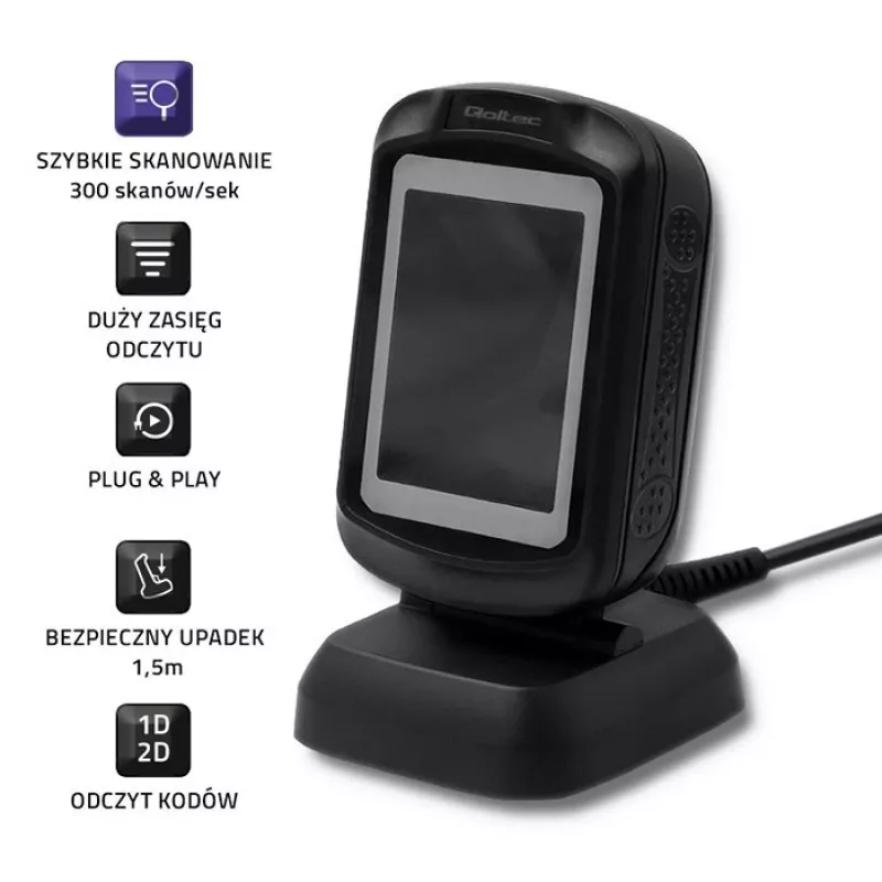 Lettore di codici a barre fisso 1D/2D QOLTEC 50864, sensore LED, USB (con cavo), nero, 145×85×80 mm