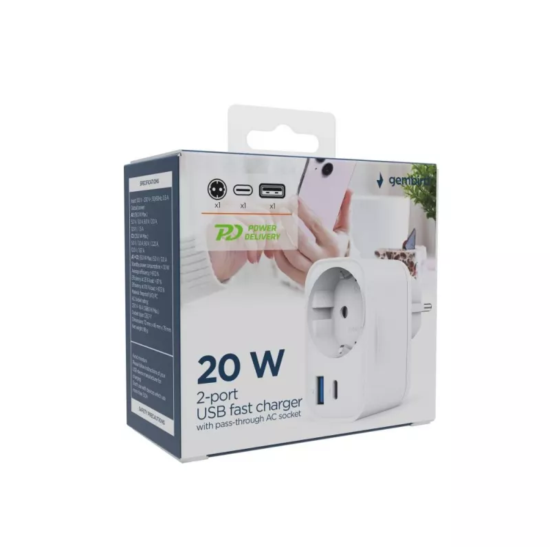 CARICABATTERIE USB UNIVERSALE 20W BIANCO/2P AC TA-ACPDQC20-01-W GEMBIRD