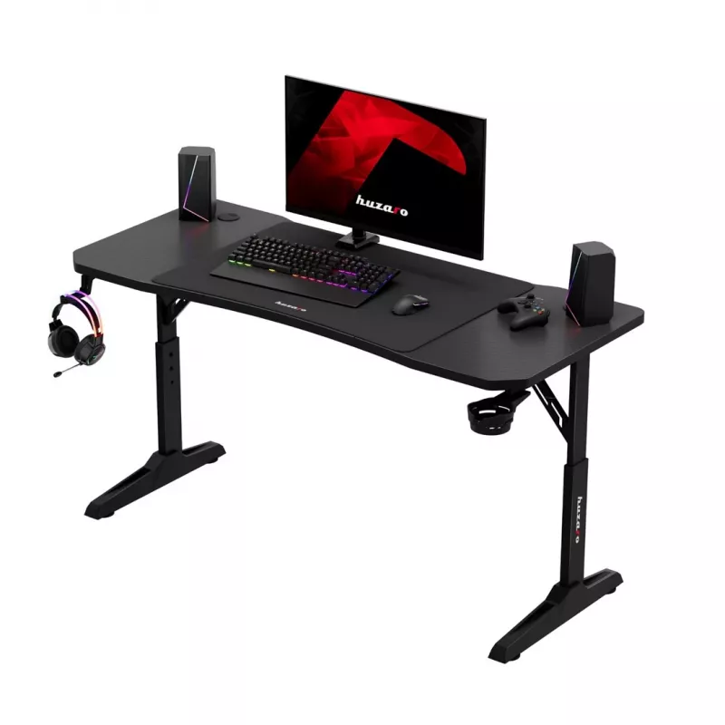 Scrivania da gaming huzaro Hero 3.6 — rettangolare 1400×600 mm, regolabile in altezza 560–790 mm, nero, gambe a H, piano da 15 mm
