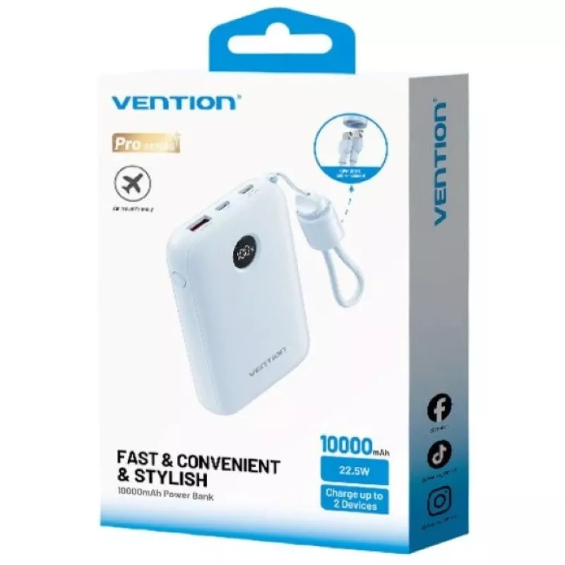 Powerbank Vention 10000mAh 22,5W — 2× USB‑C, 1× USB‑A, blu