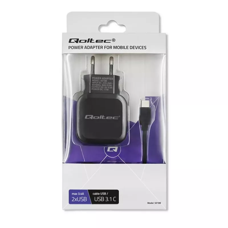 Qoltec 50188 caricabatterie per dispositivi mobili laptop, smartphone, smartwatch, tablet, telefono, universale nero AC, DC interno