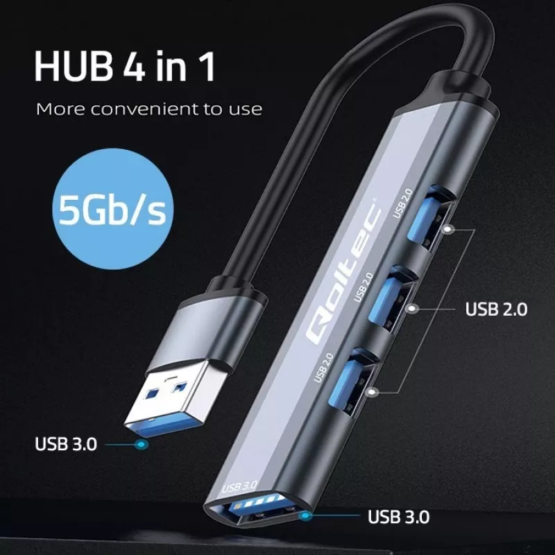 Hub USB QOLTEC 53793 — ingresso USB 3.0, 3× porte USB 2.0