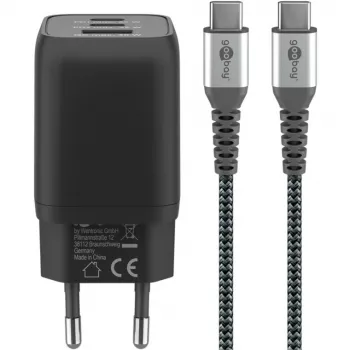 Caricabatterie rapido USB-C Nano, PD, GaN, 65 Watt, cavo intrecciato USB-C (nero, 1x USB-A, 2x USB-C PD, Quick Charge 3.0, cavo 1 metro)