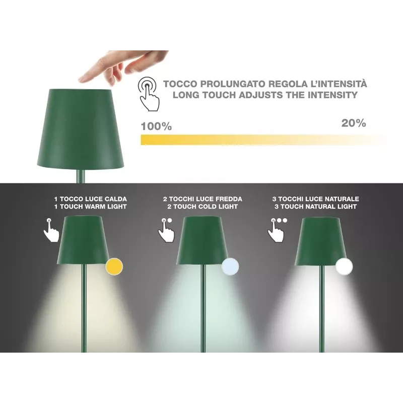 Beper P201UTP115 lampada da tavolo LED ricaricabile, 1,5 W, interruttore touch, dimmerabile, adattatore per bottiglia da 33 mm, resistente all'acqua, verde