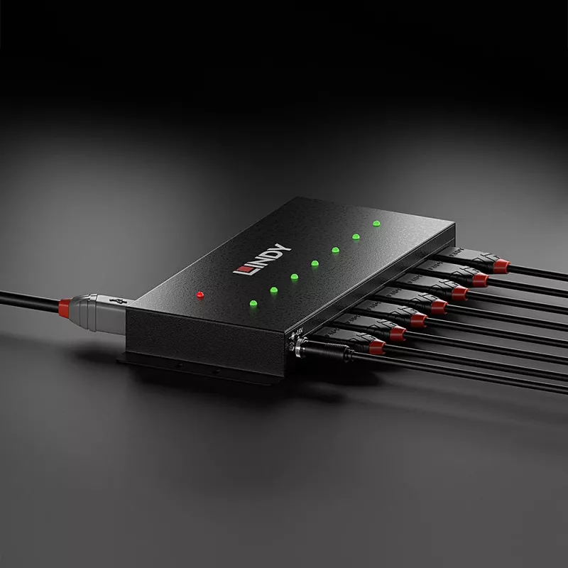 Lindy Hub USB 3.0 in metallo a 7 porte, USB 3.2 Gen 1 (3.1 Gen 1) Type-A, 5000 Mbit/s, nero, 0,8 m, 185 mm, 75 mm