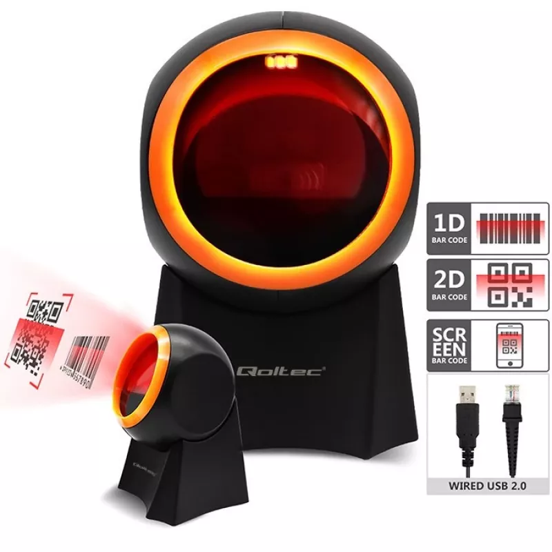 Qoltec 50857 lettore di codici a barre da tavolo cablato, 1D/2D, QR, USB, cavo da 1,75 m
