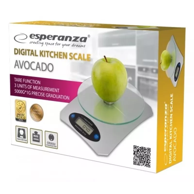 Bilancia da cucina elettronica ESPERANZA Avocado grigio — capacità 5 kg, piattaforma in bambù, unità g/lb/oz
