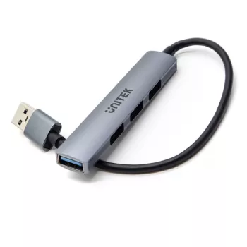 Hub USB Unitek H1208A — 4 porte (1 × USB 3.2 Gen 1 Type-A, 3 × USB 2.0), case in alluminio, grigio, cavo 0,20 m