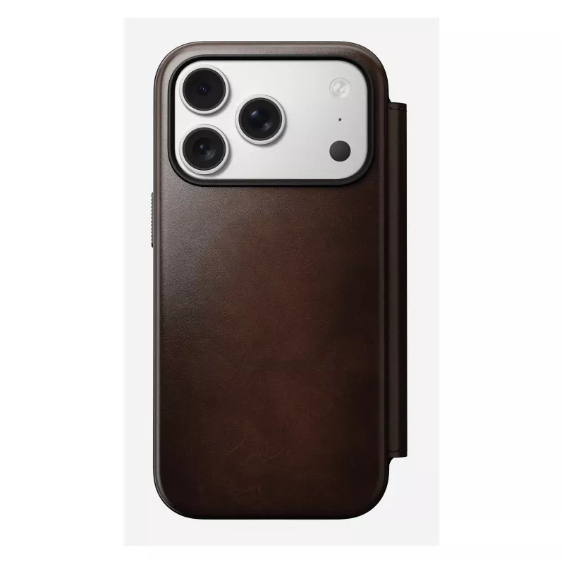Custodia per smartphone Nomad Modern Leather Folio per iPhone 17 Pro, pelle/alluminio, 16 cm (6,3 pollici) marrone, 4 scomparti per carte