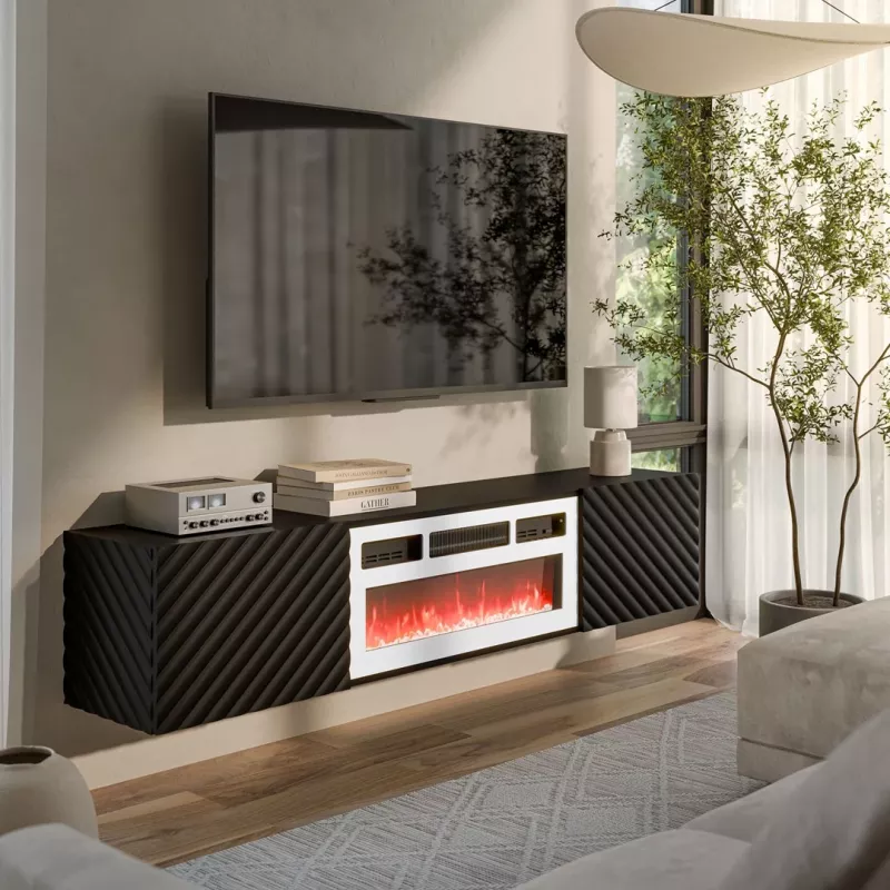 Mobile TV Cama LARA 183x35x37 nero opaco + camino bianco