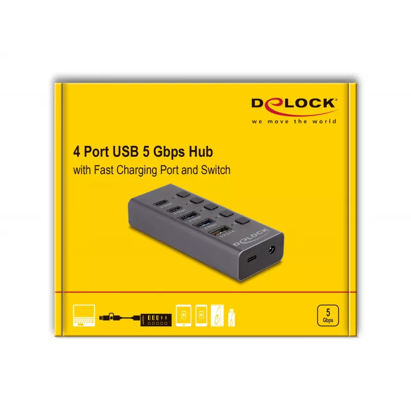 Hub USB Delock 64248 5 Gbit/s 2 x Type-A 2 x Type-C 1 porta di ricarica rapida