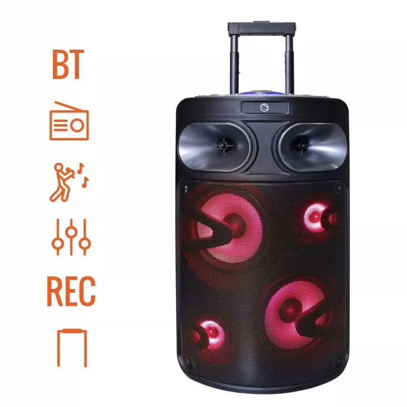 Altoparlante karaoke Bluetooth portatile MANTA SPK0803B140 140W, a batteria, MIC/USB/microSD, FM, equalizzatore, ruote
