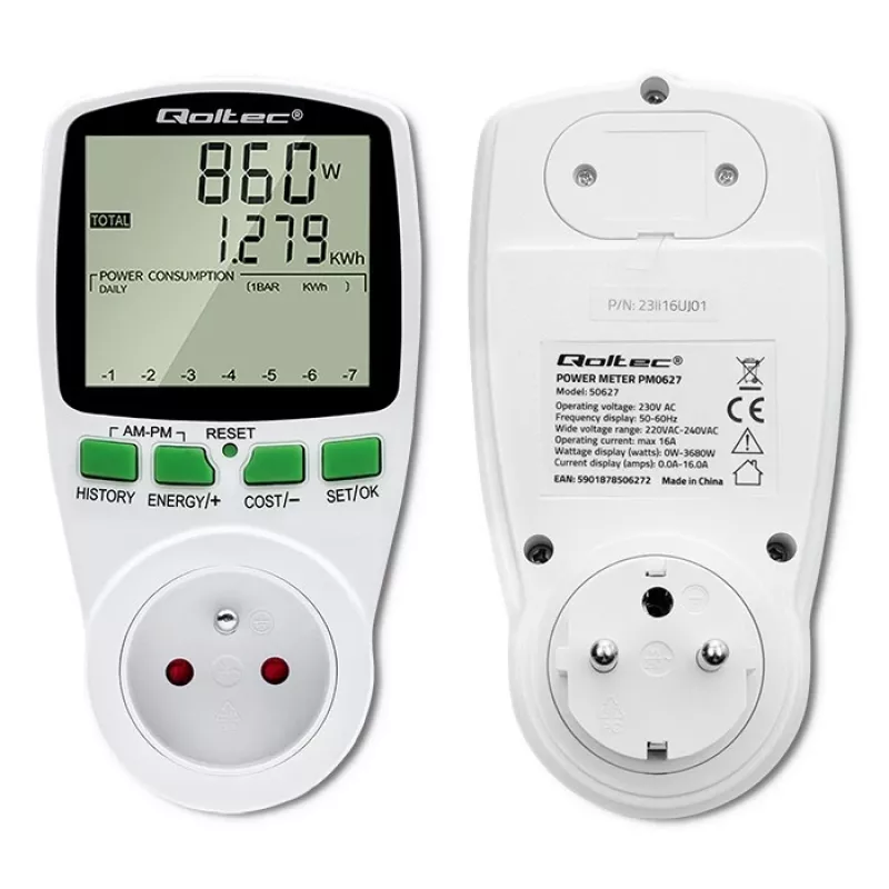 Misuratore di potenza QOLTEC PM0627 3680W con storico — QOLTEC PM0627 3680W