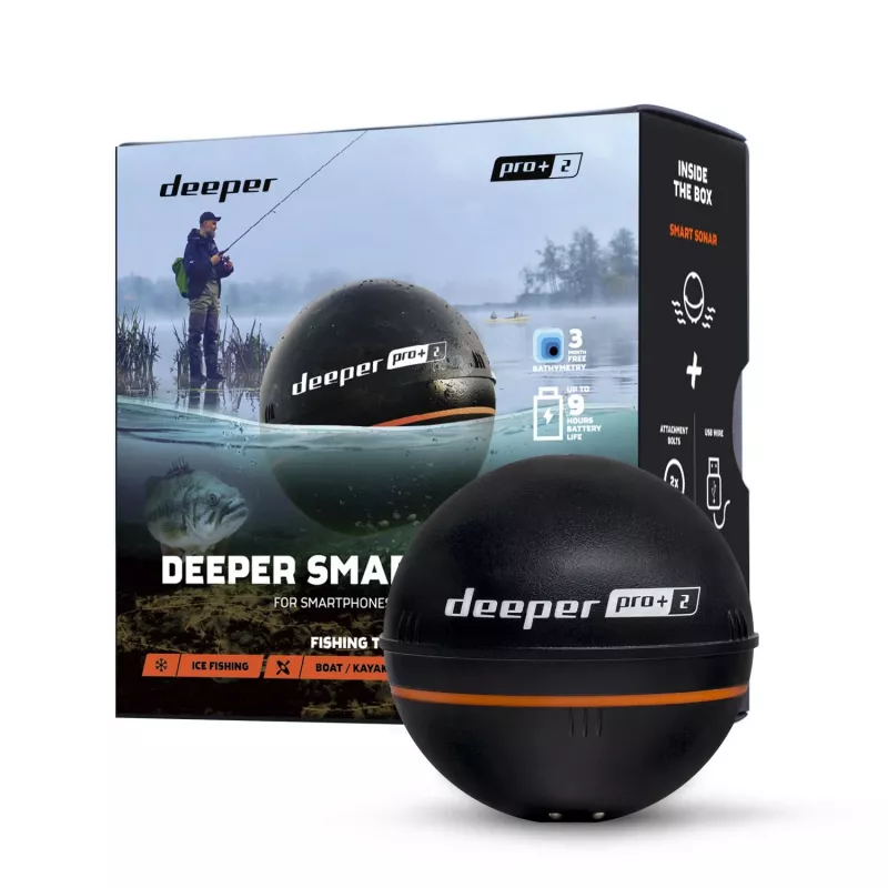 Deeper Smart Sonar PRO+ 2 fish finder lanciabile, 100/240/675 kHz, profondità 100 m, Wi-Fi, GPS, fino a 9 ore, nero