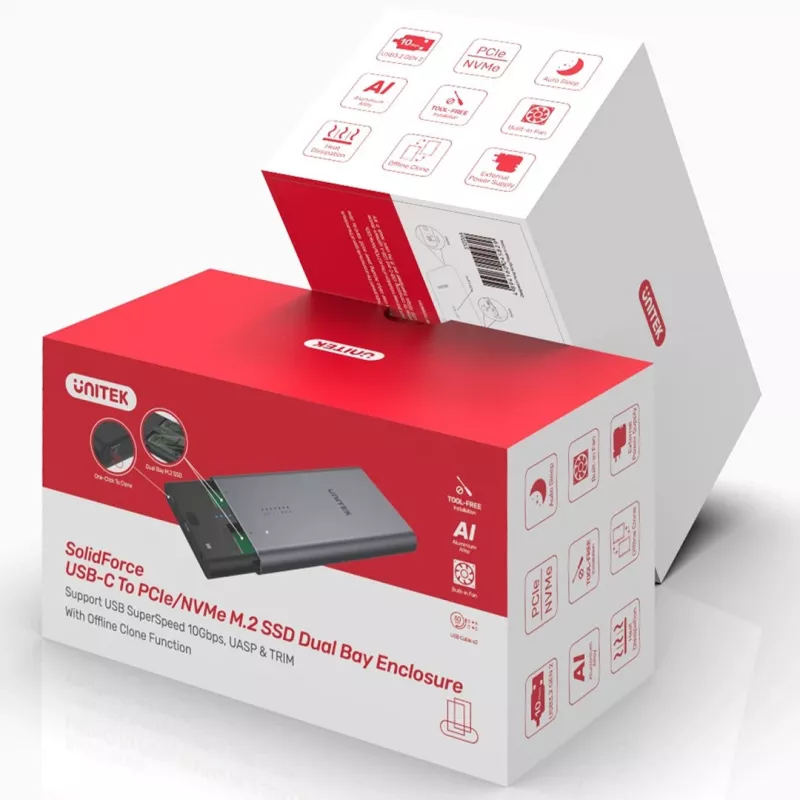 Case per SSD Unitek S1206A per 2 unità M.2 NVMe PCIe Gen3 x4, USB 3.2 Gen 2 (10 Gbit/s), alluminio, USB-C, incluso alimentatore