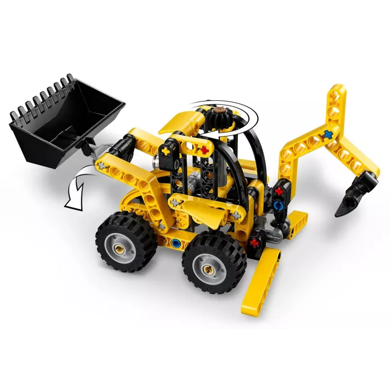 Set da costruzione LEGO Technic Backhoe Loader 42197 — sterzo articolato, caricatore funzionante, 104 pezzi, età consigliata 7+