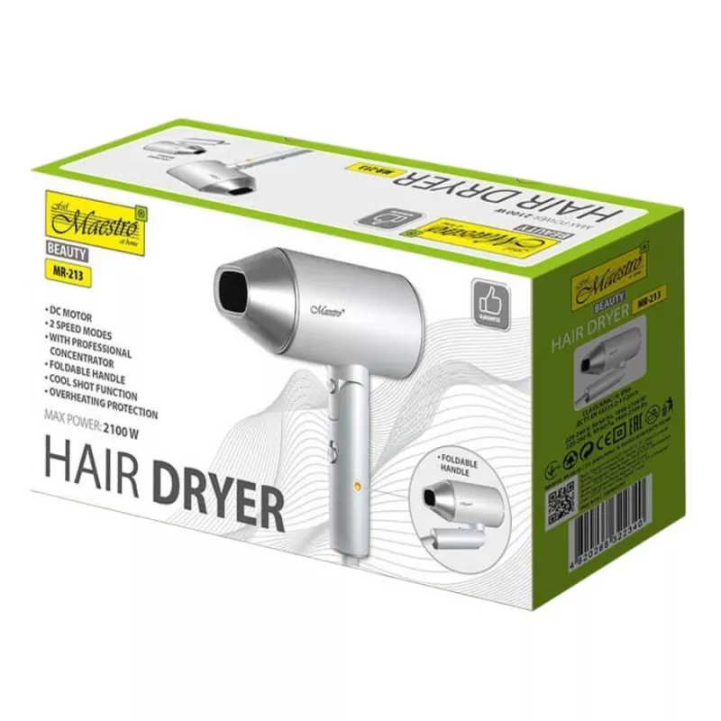 Asciugacapelli Maestro MR-213 2100W con manico pieghevole, 2 velocità, getto freddo, concentratore a doppia parete, argento