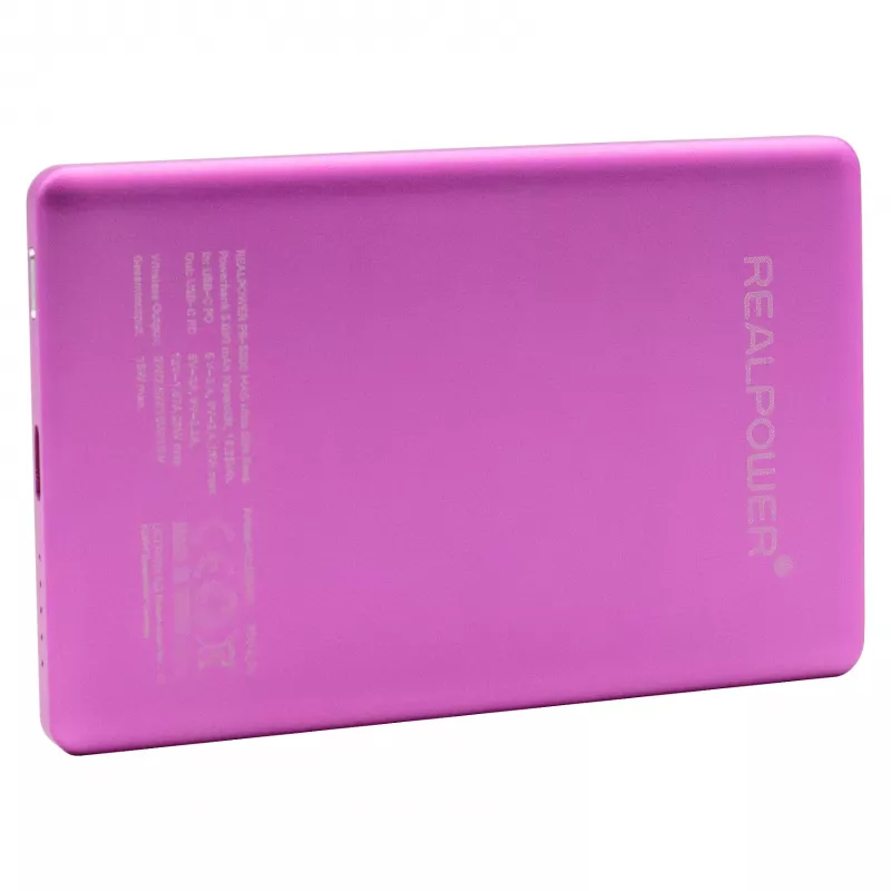 RealPower PB-5000 MAG Ultra Slim power bank 5000 mAh, MagSafe, ricarica wireless, USB-C, 20 W, rosa
