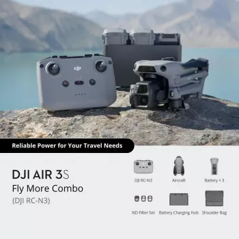 Quadricottero DJI Air 3s — drone a 4 rotori, fotocamera 50-MP, video 3840×2160, 27 m/s, portata 32.000 m, batteria 4276 mAh, 42 GB di memoria interna, grigio
