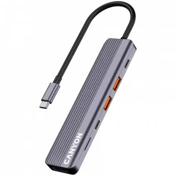 Hub USB Type-C CANYON DS-17 — HDMI, USB 3.2 Gen 1 A, USB-C, MicroSD, 10000 Mbit/s, grigio