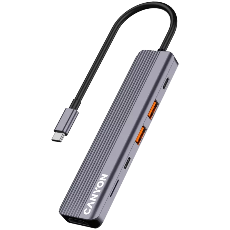 Hub USB Type-C CANYON DS-17 — HDMI, USB 3.2 Gen 1 A, USB-C, MicroSD, 10000 Mbit/s, grigio