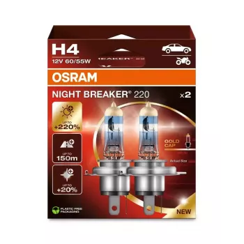 Lampada alogena per fari Osram NIGHT BREAKER 220 H4 — confezione doppia, 12V 60/55W