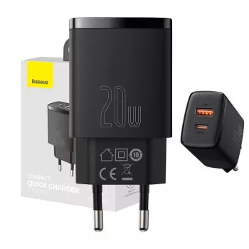 Caricabatterie rapido USB da interno Baseus CCXJ-B01 – 2 porte (USB-C PD 20W + USB-A QC3.0 18W), 100–240 V, nero