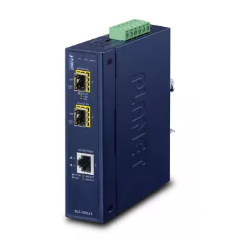 Convertitore di rete PLANET IGT-1205AT — Gigabit SFP 2 fibre, 1x RJ-45, 10/100/1000 Mbit/s, 12–48V, guida DIN, IP30