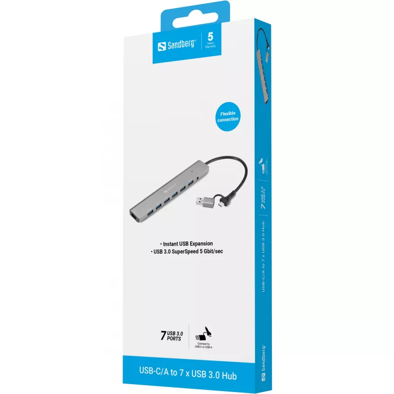 Hub USB SANDBERG 136-66 — 7 porte USB 3.0, esterno con alimentazione