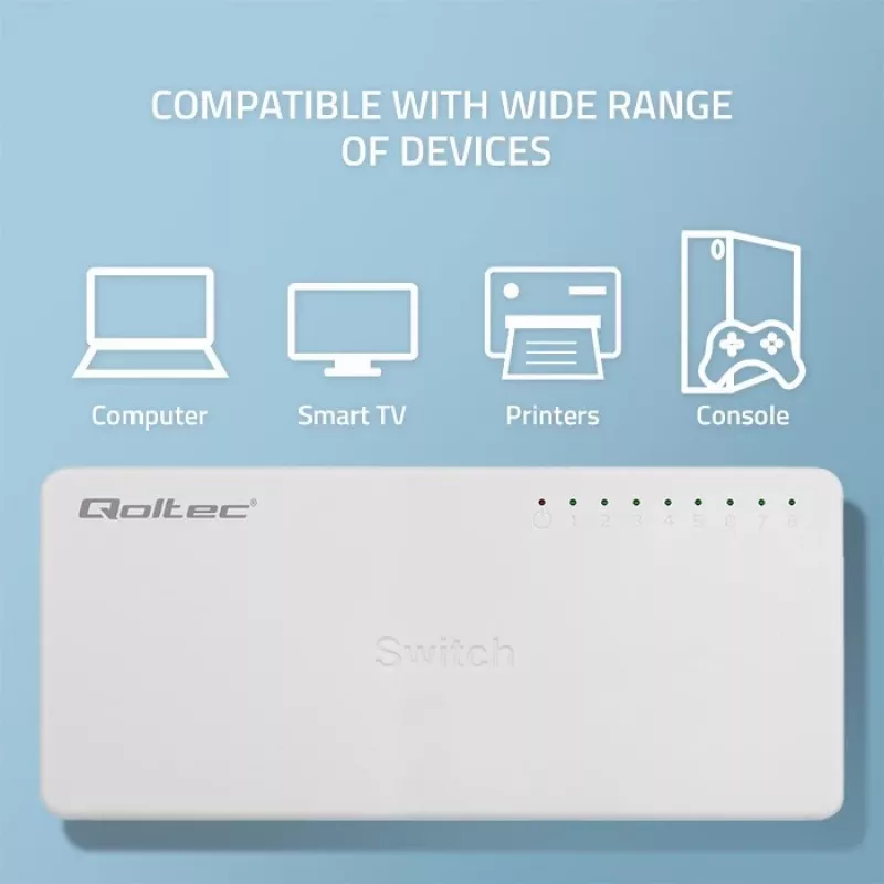 Switch di rete Qoltec 8x porte RJ45 1000Mbps LAN