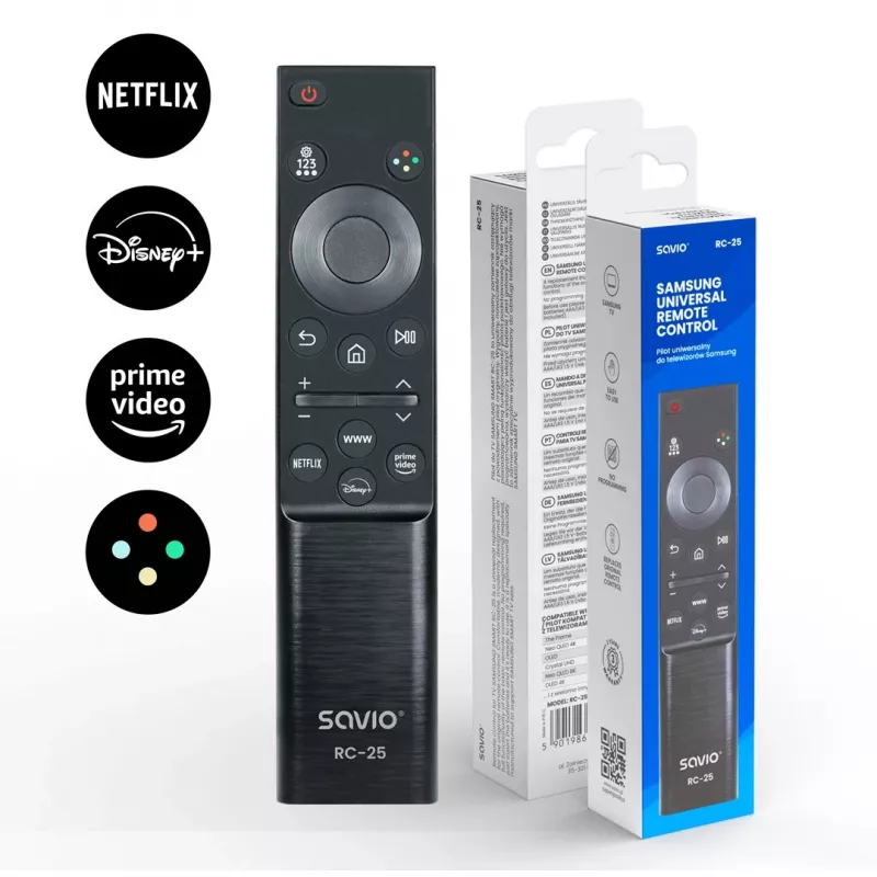 Telecomando TV a infrarossi SAVIO RC-25, input a pulsanti, nero, portata fino a 10 m, per 1 dispositivo, utilizza 2x AAA
