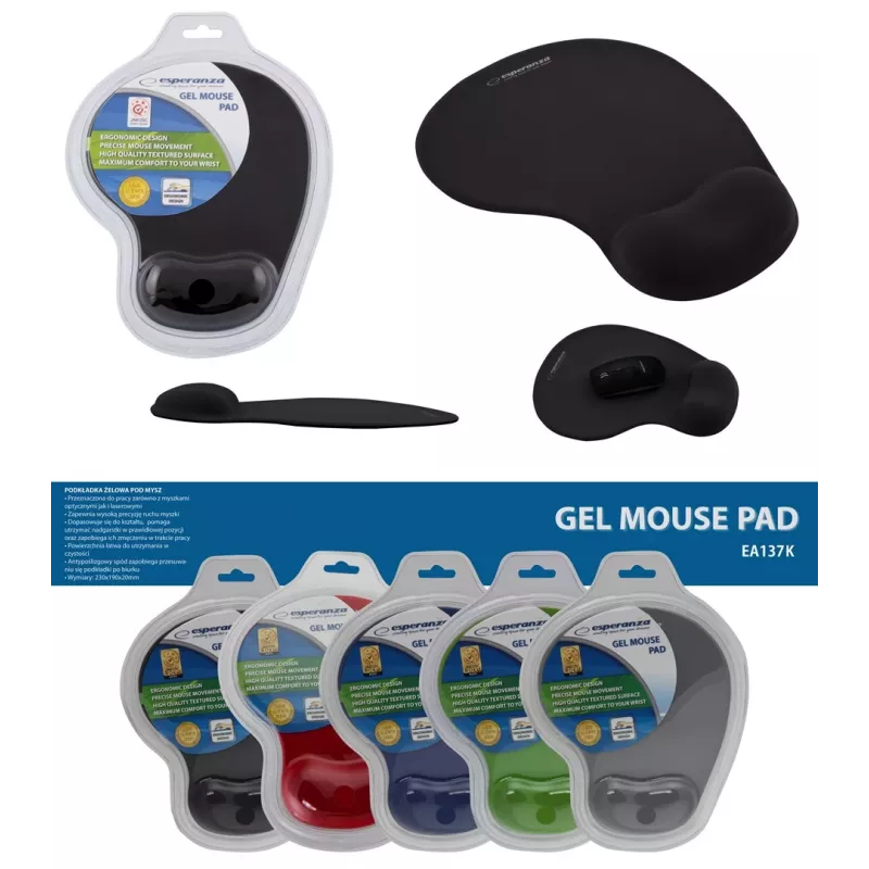 Tappetino mouse ESPERANZA EA137K, nero, con poggiapolsi in gel, base antiscivolo, utilizzo universale
